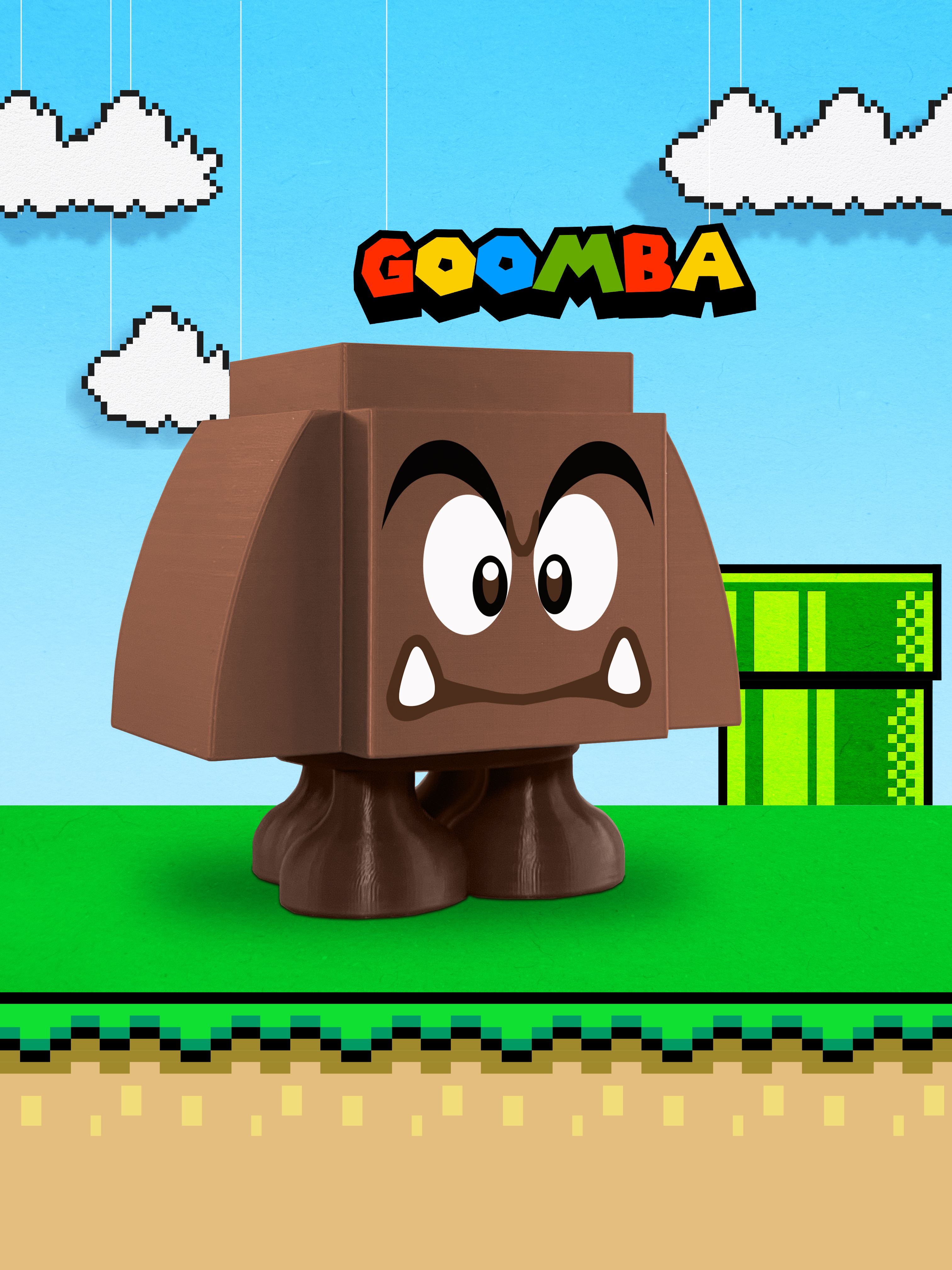 Goomba ぬいぐるみとキノコ型オブジェ
