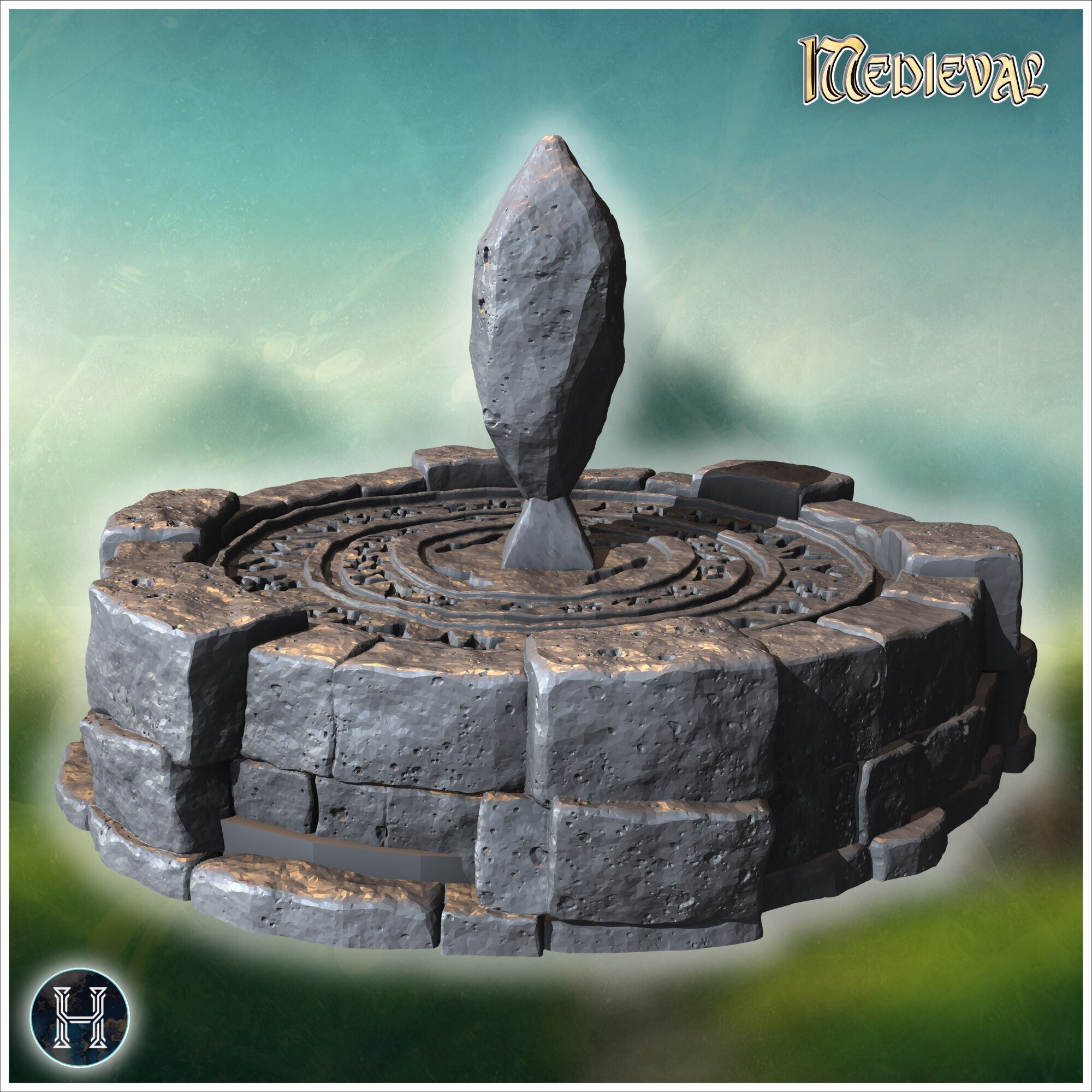 🔮 Ancient stone altar with floating crystal and circular engraved base ...