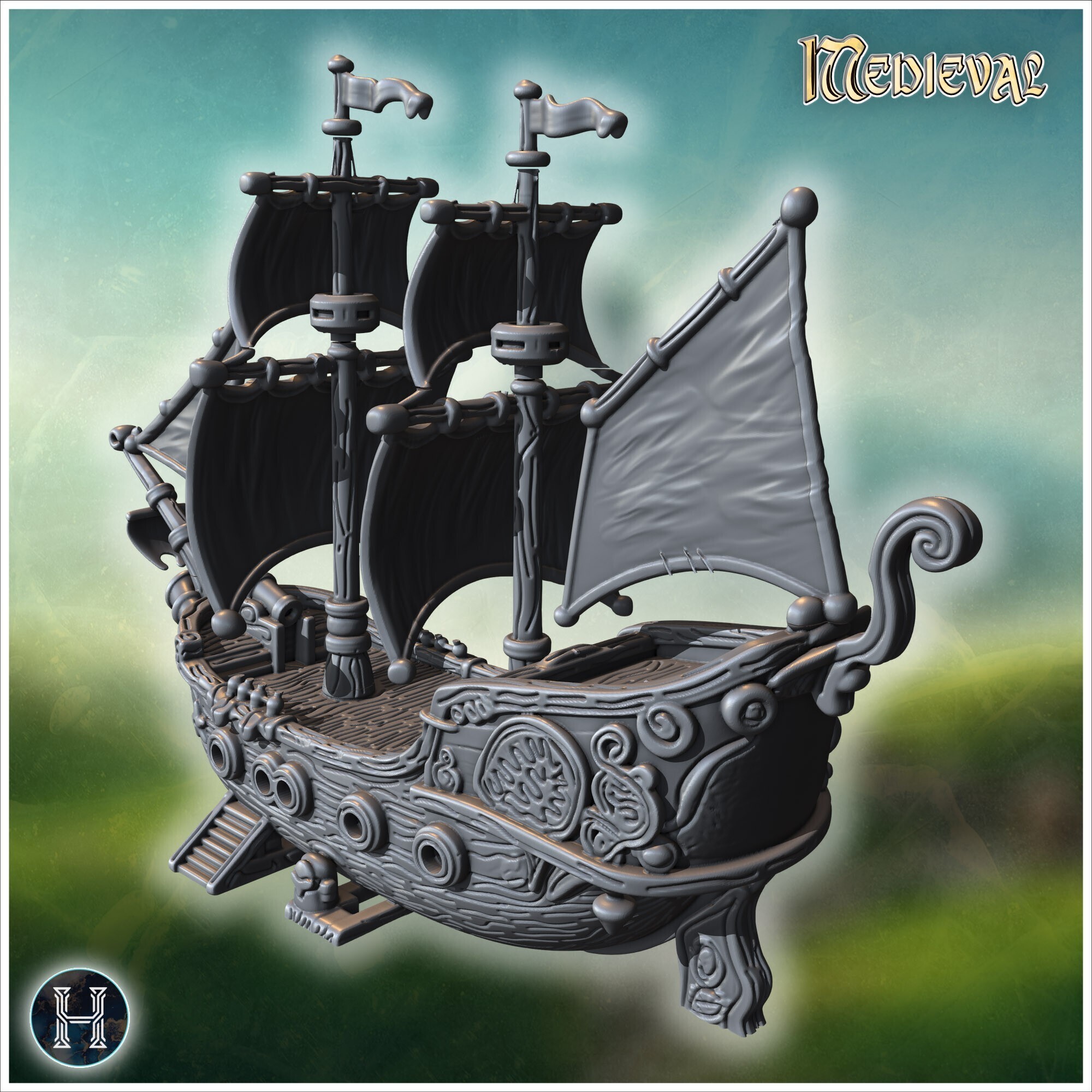 👴 Detailed galleon with black sails and ornate carvings (3) - Medieval ...