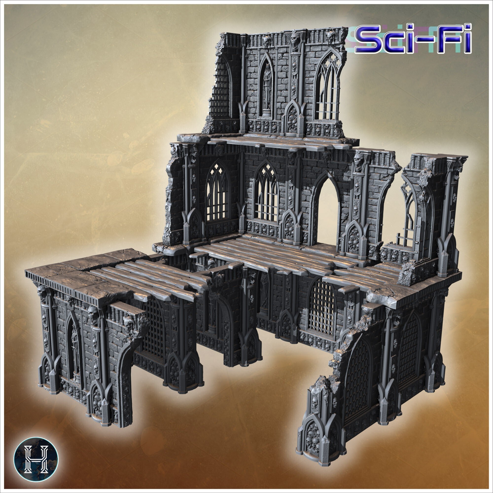 💀 Gothic cathedral ruins with skull decorations and arches (8