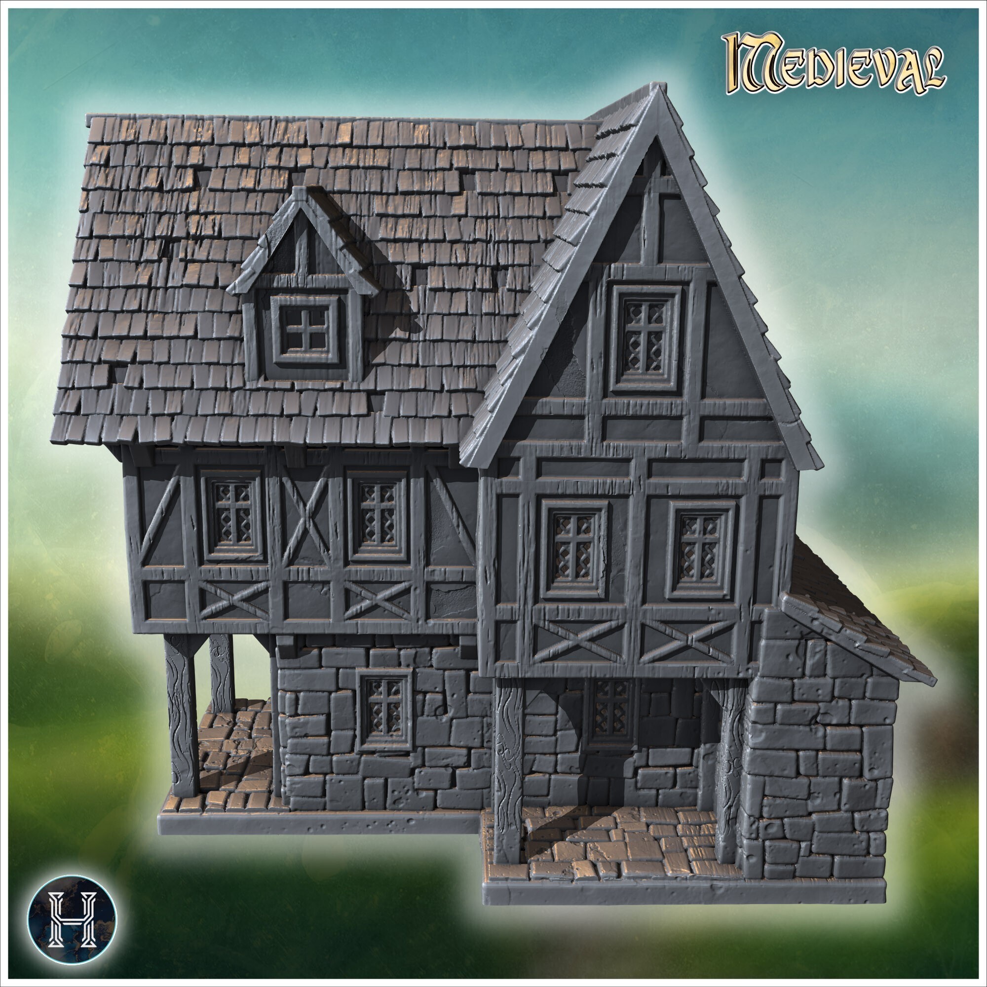 🏗️ Large medieval building with stone arches and double wooden roof (15 ...