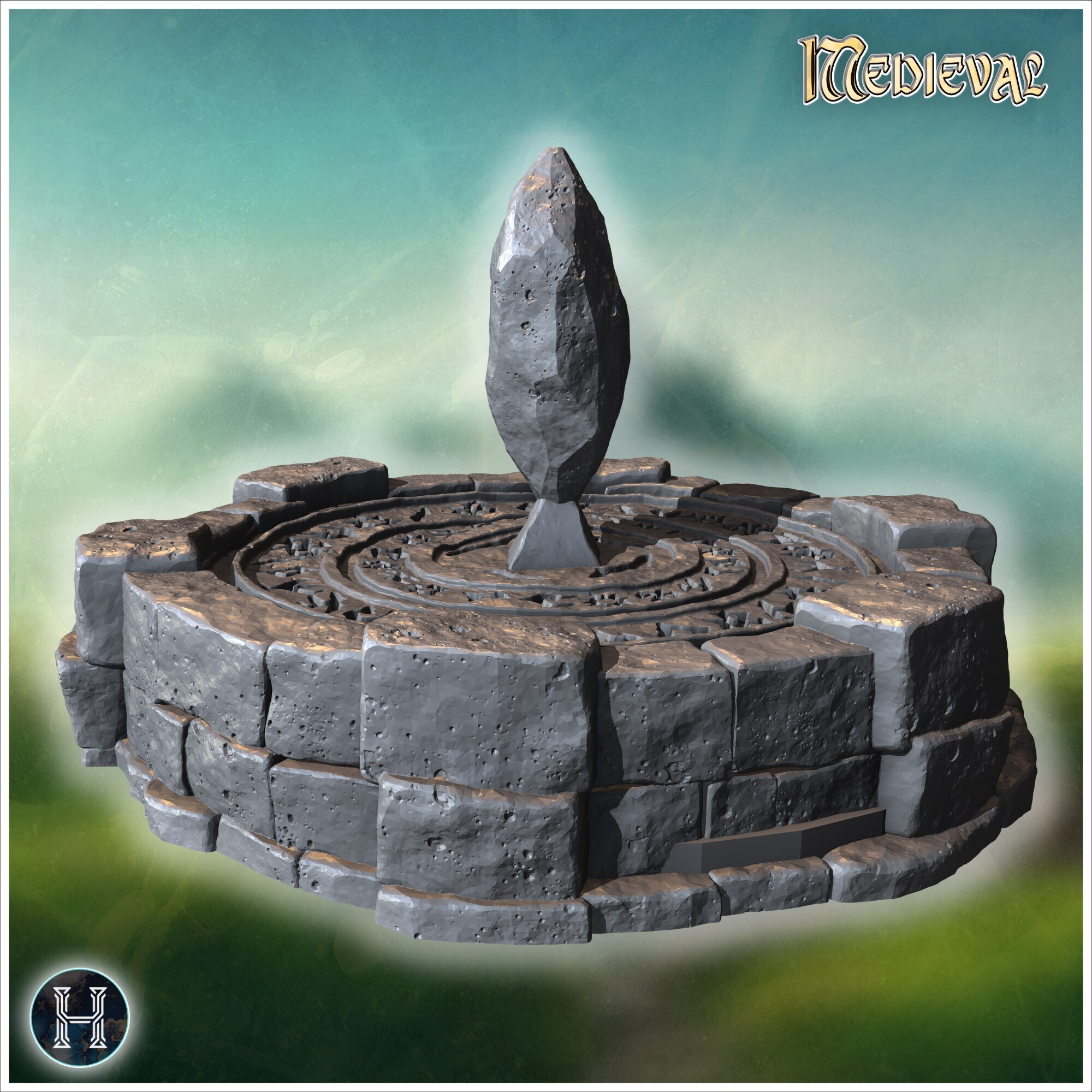 🔮 Ancient stone altar with floating crystal and circular engraved base ...