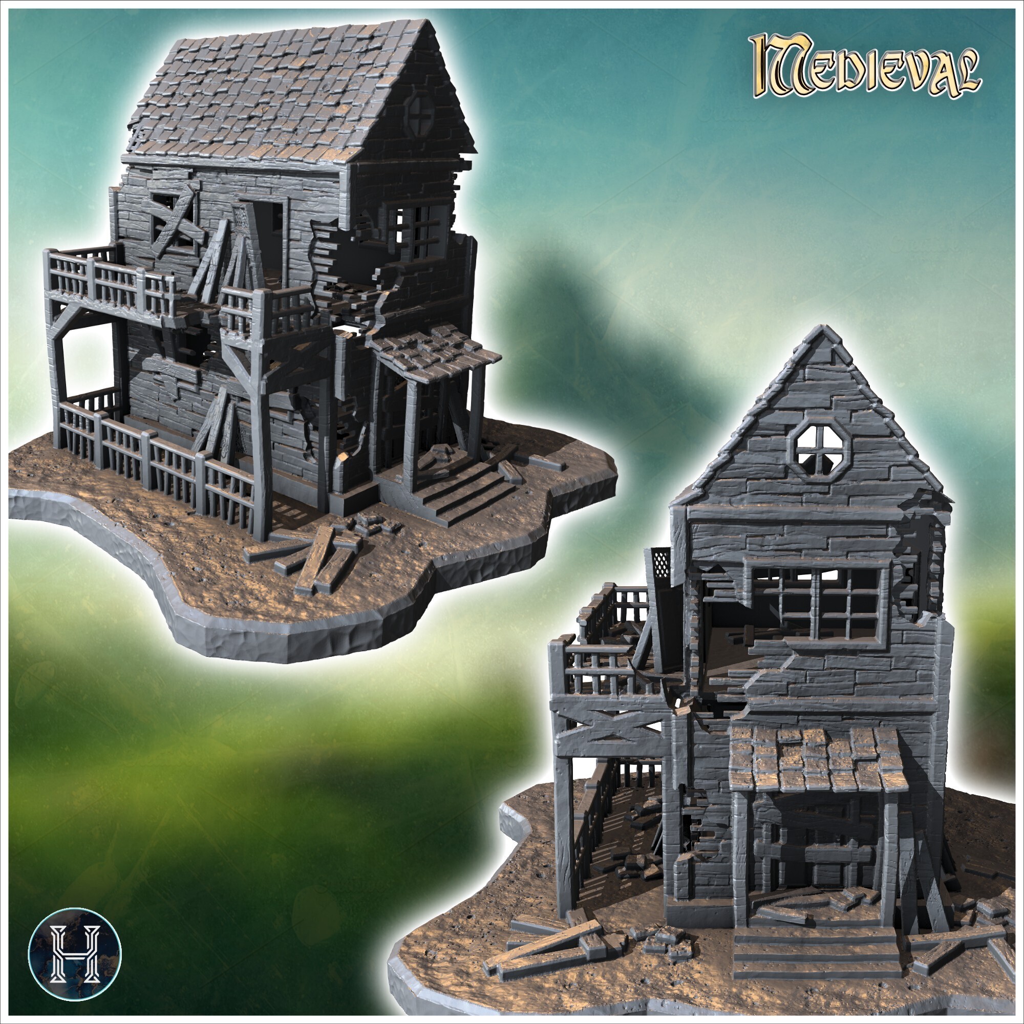 🏠 Two-story ruined house with damaged balcony, shattered windows, and ...