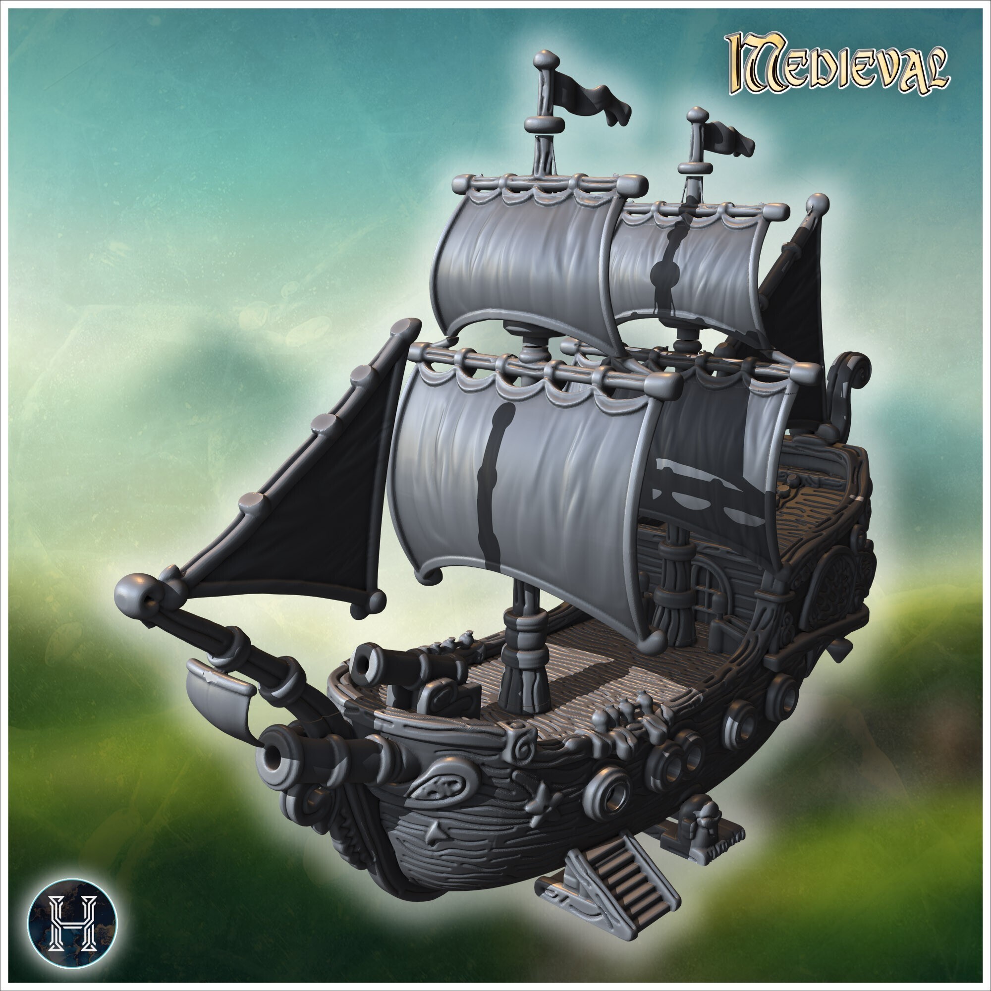 👴 Detailed galleon with black sails and ornate carvings (3) - Medieval ...