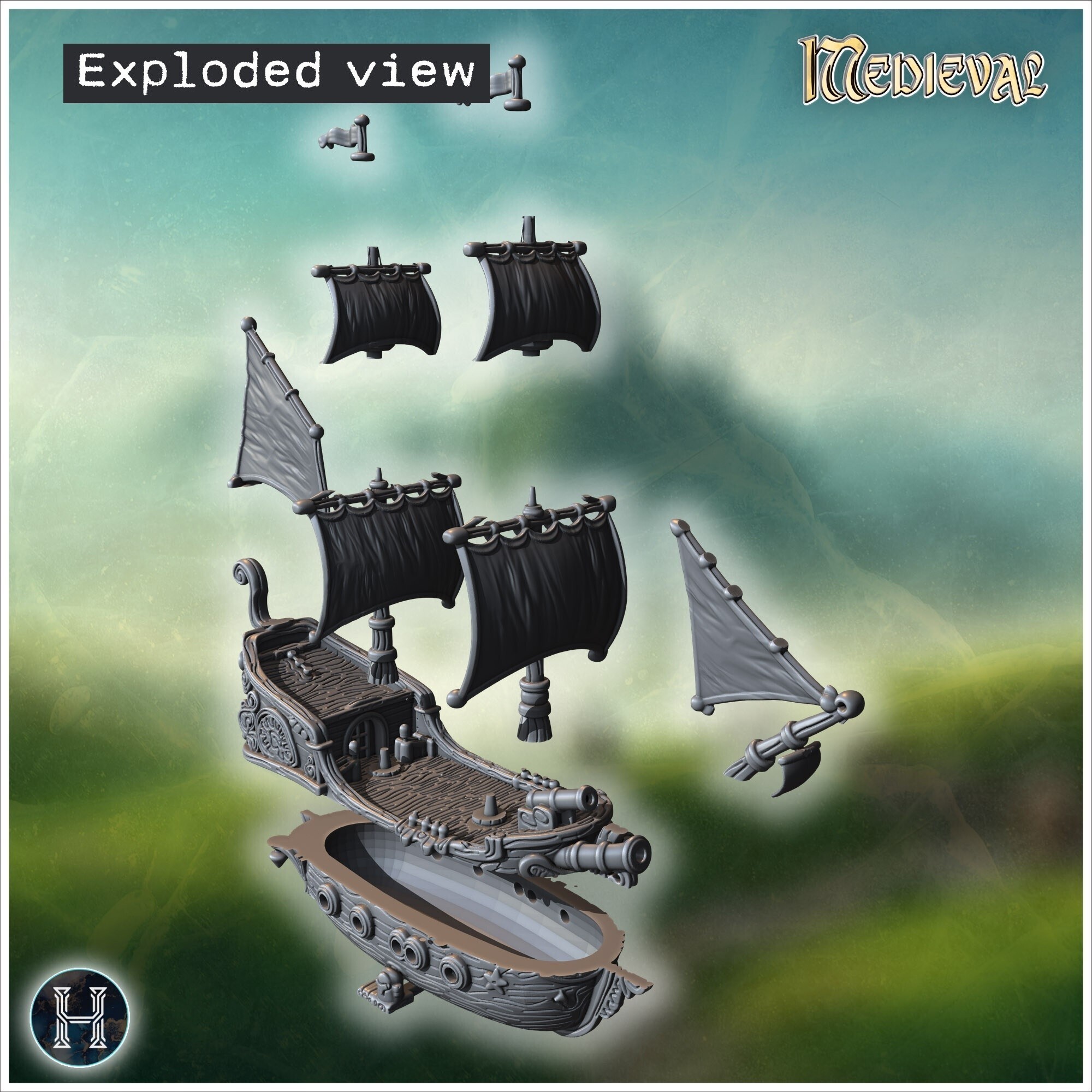👴 Detailed galleon with black sails and ornate carvings (3) - Medieval ...