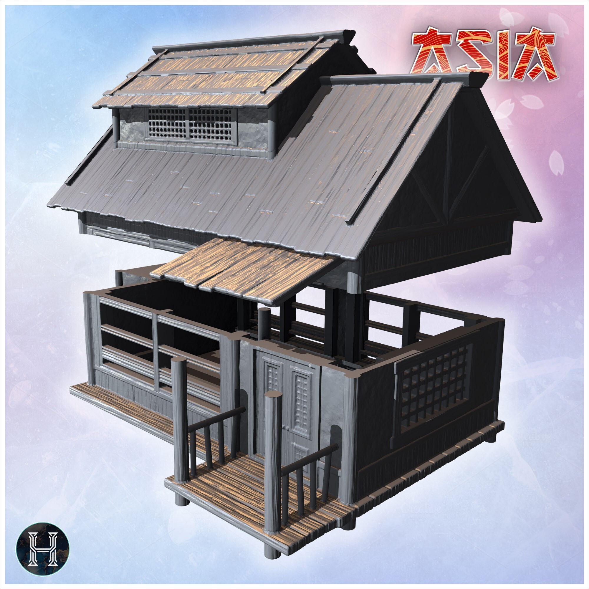 🤏 Small rustic Japanese house with wooden porch, pillars, open