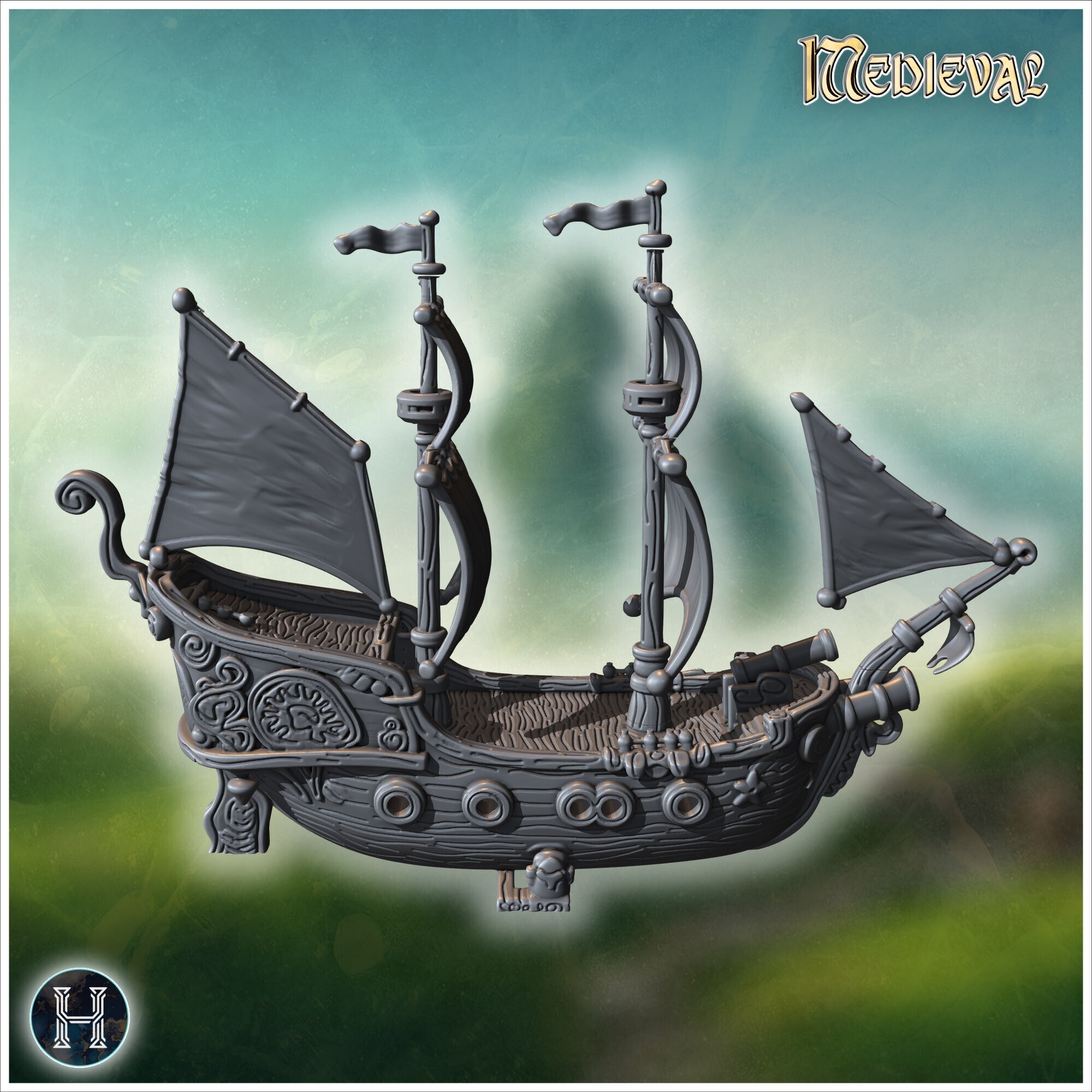👴 Detailed galleon with black sails and ornate carvings (3) - Medieval ...
