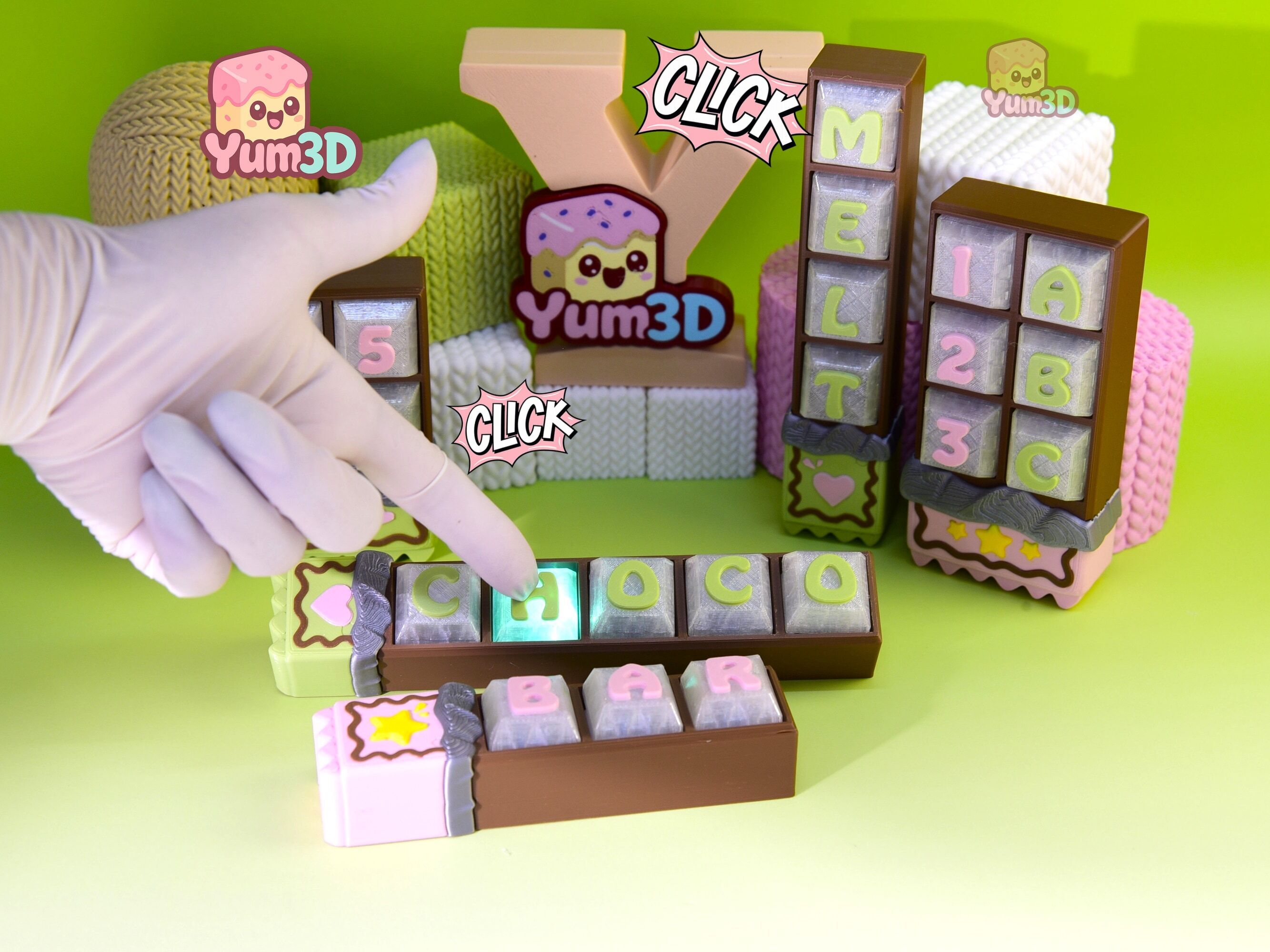 🍫 Yum3D Custom Chocolate Name Bar Fidget Led Clicker Keychain